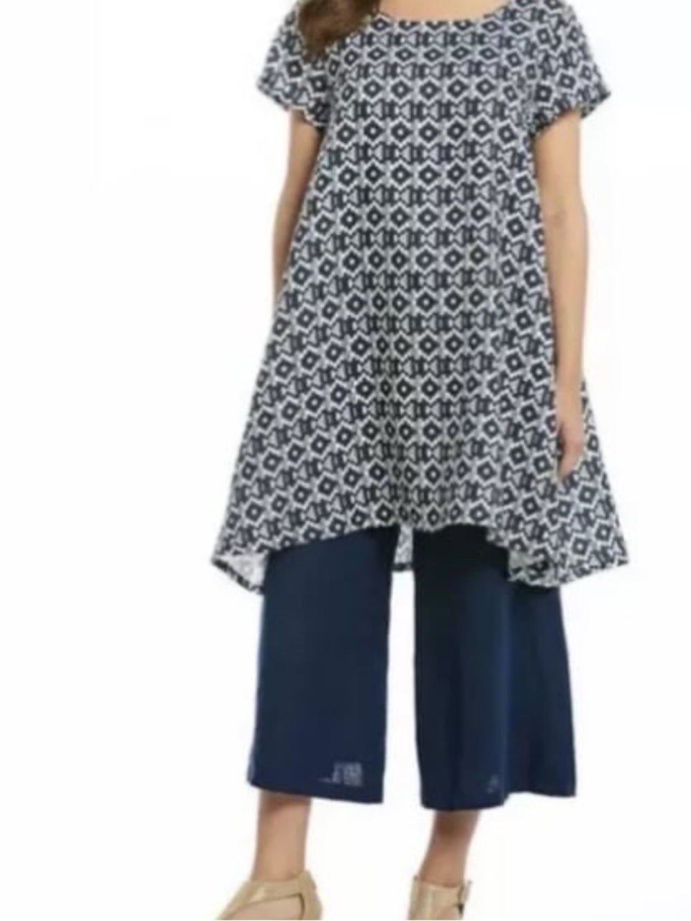 Bryn Walker Tunic Top Geometric Print Handkerchief Hem Linen Blue/Ivory